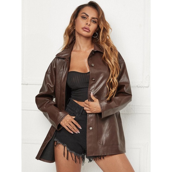 BohoGypsyDreamer.com Jackets & Blazers - oversized Button Front vegan Leather trucker Jacket shacket brown